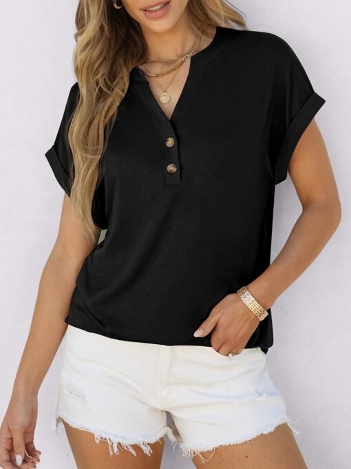 ANRABESS Womens Short Sleeve Henley Tops V Neck Dressy Casual Loose Fit Shirts Summer Flowy Blouses 2025 Trendy Clothes - Image 4
