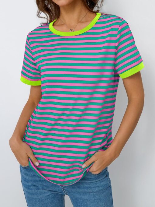 AUTOMET T Shirts for Women Striped Crewneck Casual Basic Summer Tops Short Sleeve Color Block Loose Tee Shirts - Image 2
