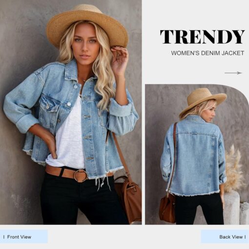 LONGBIDA Women's Jean Jacket Frayed Washed Button Up Cropped Denim Jacket With Pockets - Image 2