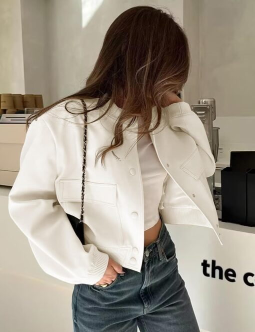 Womens Cropped Bomber Jacket Button Down Varsity Jackets Shackets with Pockets - Image 4