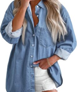 Astylish Women Denim Shirts Button Down Blouse V Neck Casual Tops