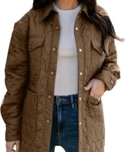 EVALESS Quilted Jackets for Women Lightweight Long Sleeve Button Down Puffer Jacket Warm Winter Coat Outerwear with Pockets