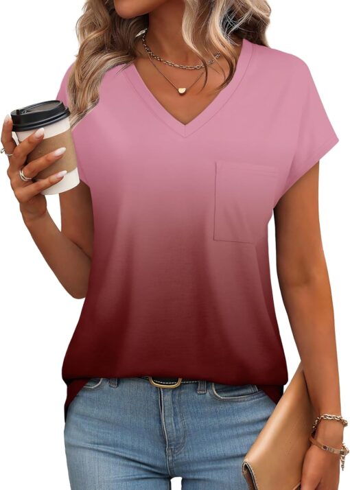 SAMPEEL Womens T Shirts V Neck Cap Short Sleeve Summer Tops Trendy 2025 Loose Casual Tshirts with Pocket - Image 2