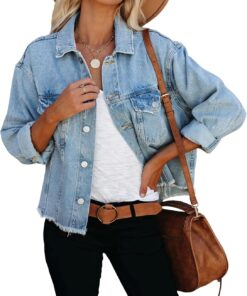 LONGBIDA Women's Jean Jacket Frayed Washed Button Up Cropped Denim Jacket With Pockets