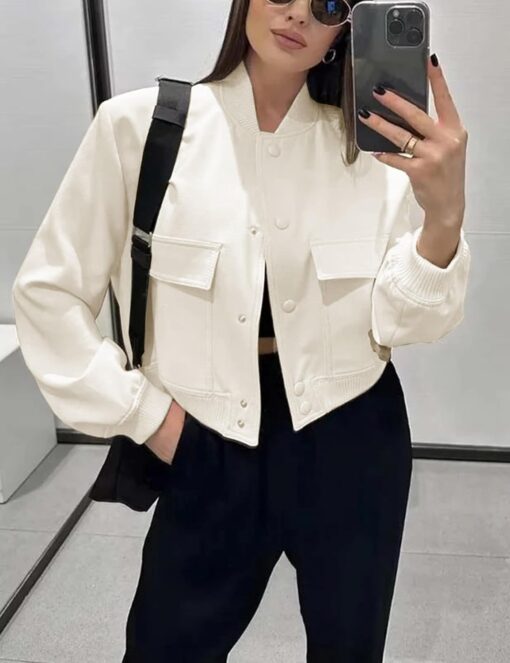 Womens Cropped Bomber Jacket Button Down Varsity Jackets Shackets with Pockets - Image 3