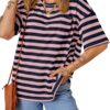 Dokotoo T Shirts for Women Striped Color Block Loose Fit Round Neck Womens Tops Tshirts Shirts Oversized Tshirts for Women