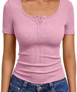 Trendy Queen Womens Short Sleeve Summer Tops Ribbed Henley T Shirts Basic Tee Cute Casual Spring Fashion Clothes 2025