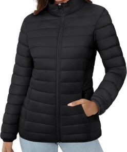 MAGCOMSEN Women's Puffer Jacket Lightweight Quilted Padded 4 Pockets Zip-up Stand-collar Winter Fleece Coat