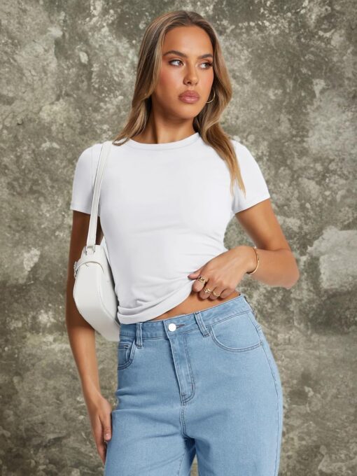 Trendy Queen Womens Basic T Shirts Summer Tops 2025 Crop Short Sleeve Slim Fit Tee Cute Gym Workout Clothes - Image 6