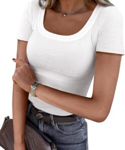 ANRABESS Women Short Sleeve Tops Scoop Neck Ribbed Knit Slim Fitted Basic Tee Shirts 2025 Casual Summer Trendy Clothes