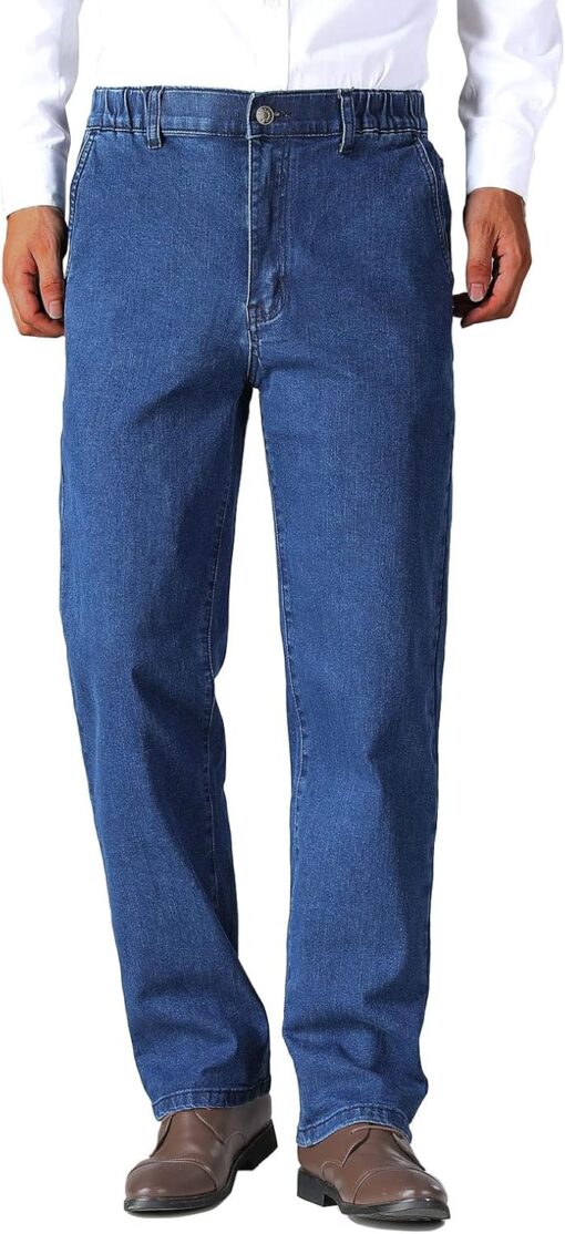 Soojun Mens Elastic Waist Jeans Relaxed Fit with Zipper and Button - Image 3