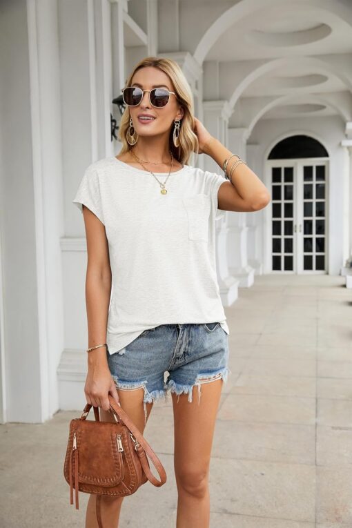 MEROKEETY Women's Casual Cap Sleeve T Shirts Basic Summer Tops Loose Solid Color Blouse - Image 9