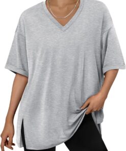 Trendy Queen Oversized Tshirts for Women Workout Plus Size Tops V Neck Short Sleeve Gym Shirts Casual Loose Fit Basic Tees
