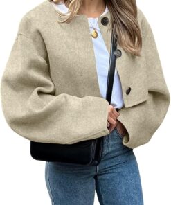 CHARTOU Women Cropped Wool Blend Pea Coat Short Jacket Peacoat Long Sleeve Button Down Crop Jacket