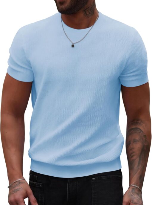 COOFANDY Mens Knit T-Shirts Summer Waffle Shirts Vintage Shirts Short Sleeve Crew Neck Tee Shirt Casual Crochet Top