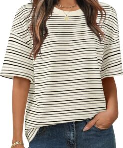 MEROKEETY Women's Summer Short Sleeve Shirt Casual Colourful Striped Crewneck Loose Tops Blouse