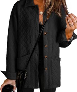 Dokotoo Casual Quilted Jackets for Women Button Down Collared Long Sleeve Shirts Spring Jackets with Pockets 2025