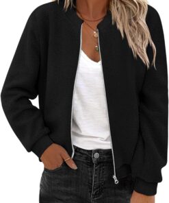 Zeagoo Women's Sherpa Fleece Jacket Long Sleeve Faux Fuzzy Casual Zip Up Bomber Coat With Pocket S-XXL
