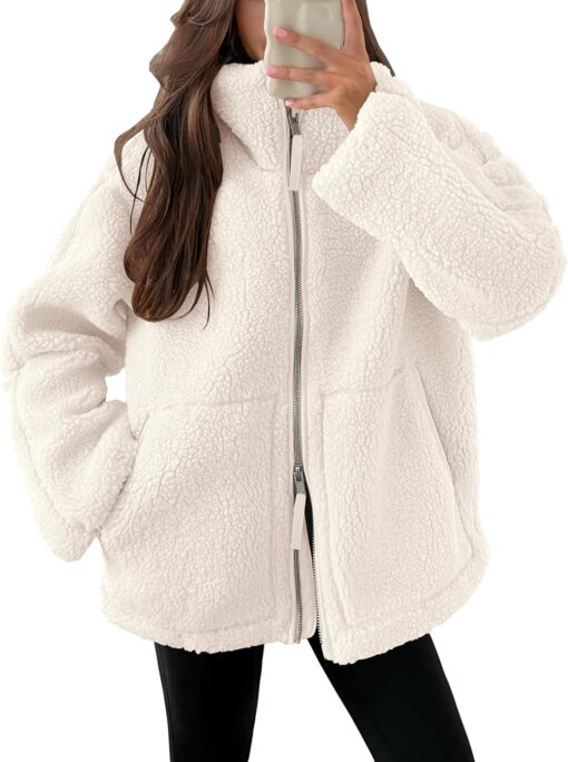 ANRABESS Womens Fleece Jacket Oversized Zip Up Sherpa Fuzzy Casual Coats Winter Fall Outerwear 2024 Clothes with Pockets