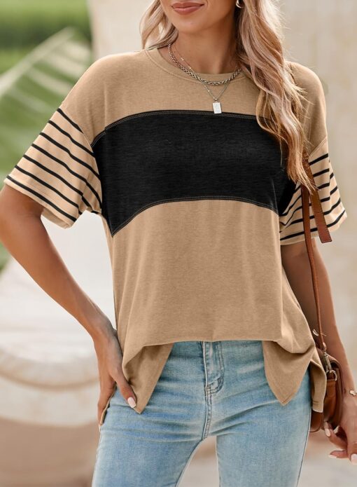Dokotoo Summer Tops Trendy Oversized 2025 Crewneck Casual Color Block Striped Womens Shirts Blouses - Image 3