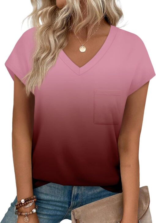 SAMPEEL Womens T Shirts V Neck Cap Short Sleeve Summer Tops Trendy 2025 Loose Casual Tshirts with Pocket
