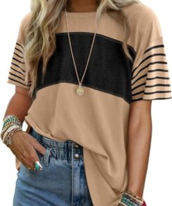Dokotoo Summer Tops Trendy Oversized 2025 Crewneck Casual Color Block Striped Womens Shirts Blouses