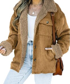 Dokotoo Corduroy Sherpa Jacket for Women Button Down Fleece Fur Collar Winter Warm Coat