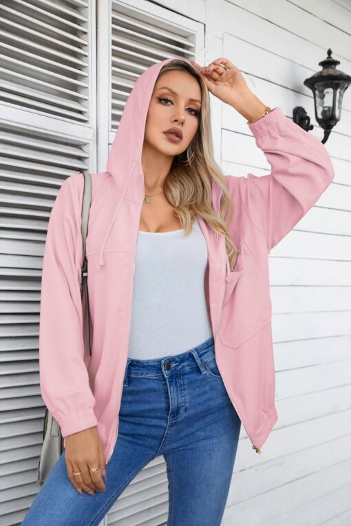 VICHYIE Corduroy Drawstring Hooded Pocket Zip Up Jacket Loose Shacket Coat - Image 2