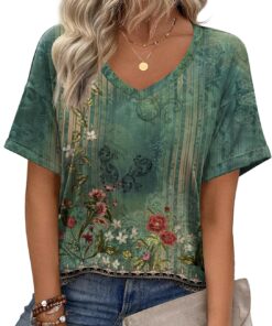 Zeagoo Womens Summer Tops Short Sleeve Casual Shirts Floral Tee Trendy 2025 Basics V Neck Plain Tshirt