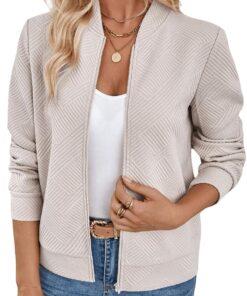 Verdusa Women's Zip Up Textured Bomber Jacket Casual Long Sleeve Outerwear