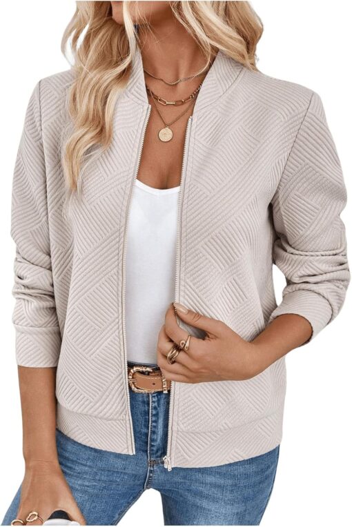 Verdusa Women's Zip Up Textured Bomber Jacket Casual Long Sleeve Outerwear