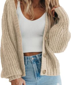 PRETTYGARDEN Women's Chunky Knit Open Front Sweater Long Sleeve Button Loose Short Cardigan Outerwear Coats