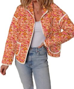 Dokotoo Warm Quilted Jackets for Women Long Sleeve Floral Print Button Down Puffer Jacket Coats with Pockets