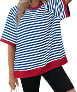 Zeagoo Women Striped T Shirts Oversized Crewneck Short Sleeve Tops Summer Casual Blouse Color Block Basic Tee S-XXL