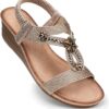 SHIBEVER Womens Wedge Sandals Flower Low Heel Dressy Sandals Elastic Ankle Strap Rhinestone Summer Comfortable Shoe