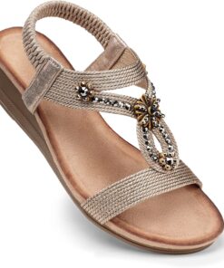 SHIBEVER Womens Wedge Sandals Flower Low Heel Dressy Sandals Elastic Ankle Strap Rhinestone Summer Comfortable Shoe