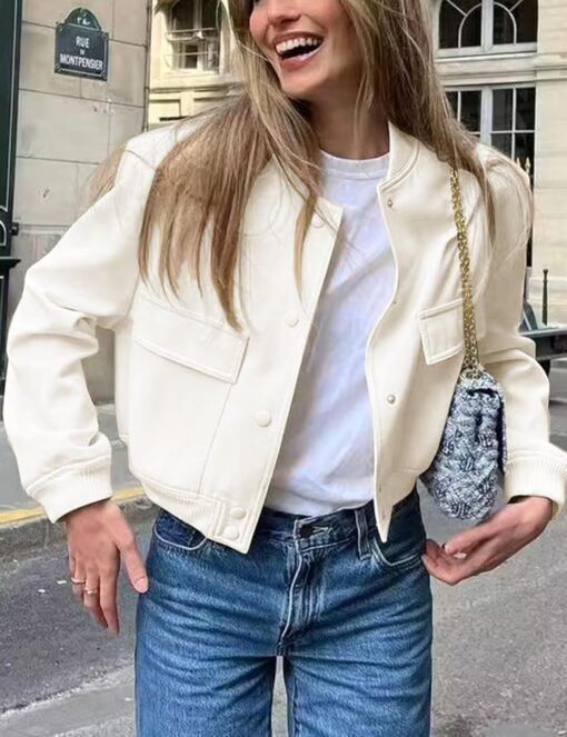 Womens Cropped Bomber Jacket Button Down Varsity Jackets Shackets with Pockets - Image 2