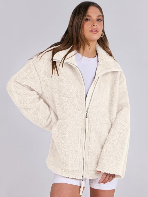 ANRABESS Womens Fleece Jacket Oversized Zip Up Sherpa Fuzzy Casual Coats Winter Fall Outerwear 2024 Clothes with Pockets - Image 5