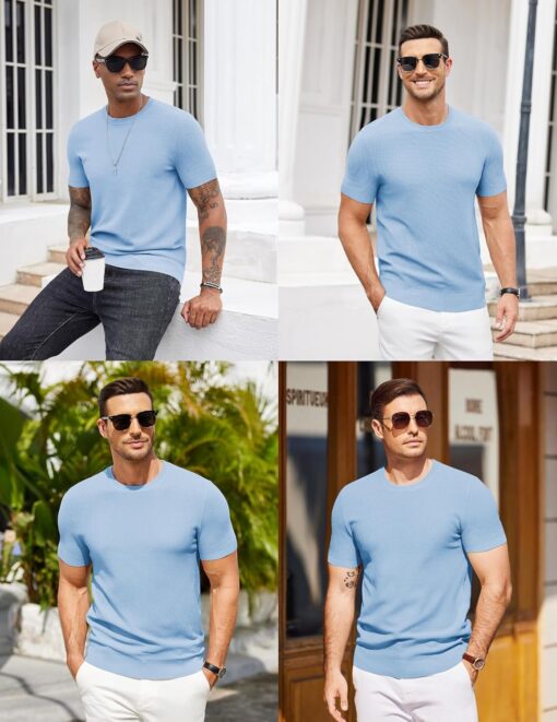 COOFANDY Mens Knit T-Shirts Summer Waffle Shirts Vintage Shirts Short Sleeve Crew Neck Tee Shirt Casual Crochet Top - Image 5