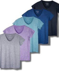 Real Essentials 5 Pack: Women's Short Sleeve V-Neck Activewear T-Shirt Dry-Fit Wicking Yoga Top (Available in Plus)