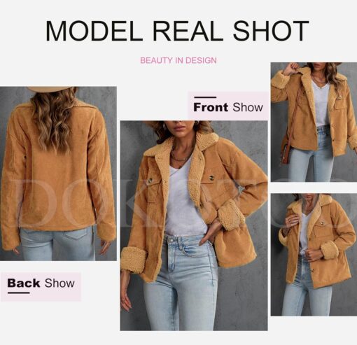 Dokotoo Corduroy Sherpa Jacket for Women Button Down Fleece Fur Collar Winter Warm Coat - Image 4