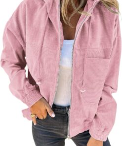 VICHYIE Corduroy Drawstring Hooded Pocket Zip Up Jacket Loose Shacket Coat