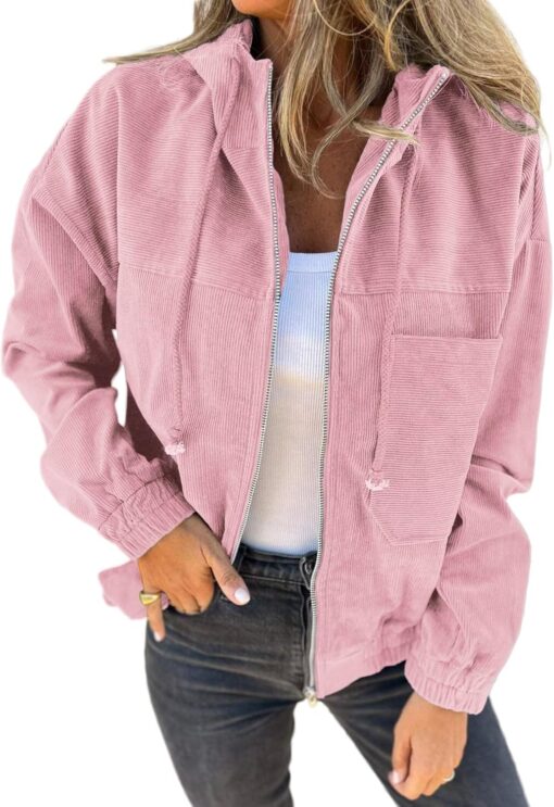 VICHYIE Corduroy Drawstring Hooded Pocket Zip Up Jacket Loose Shacket Coat