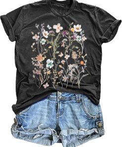 Women's Vintage Floral T Shirt Boho Wildflower Graphic Loose Tees Short Sleeve Casual Tops
