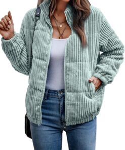Angashion Women's Bomber Jacket Corduroy Ribbed Quilted Zip Up Long Sleeve Winter Coat Fall Outerwear Tops with Pockets