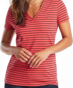 Nautica Women's Easy Comfort V-Neck Striped Supersoft Stretch Cotton T-Shirt