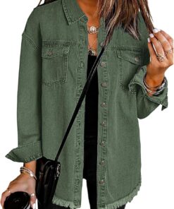 Vetinee Women’s Oversized Button Up Frayed Hem Shacket Long Sleeve Pockets Denim Jean Jacket