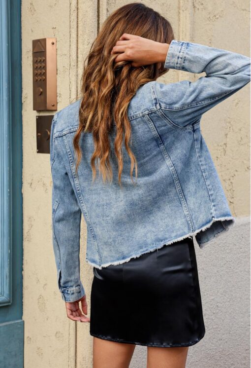 luvamia Denim Jacket for Women Distressed Jean Jackets Button Up Vintage Western Trucker Jacket Frayed Hem Pockets - Image 2