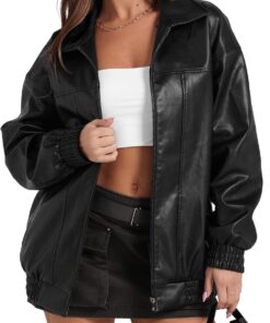 SAMPEEL Leather Jacket Women Faux Oversized Motorcycle Bomber Coats 2024 Fall Fashion Outfits Winter Clothes