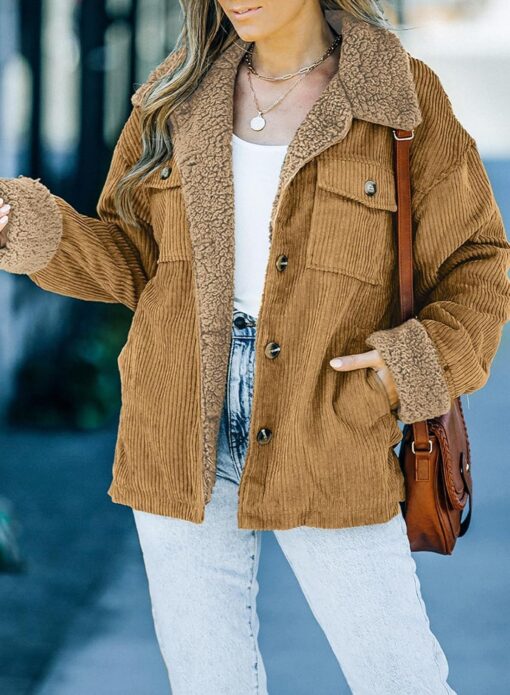 Dokotoo Corduroy Sherpa Jacket for Women Button Down Fleece Fur Collar Winter Warm Coat - Image 3